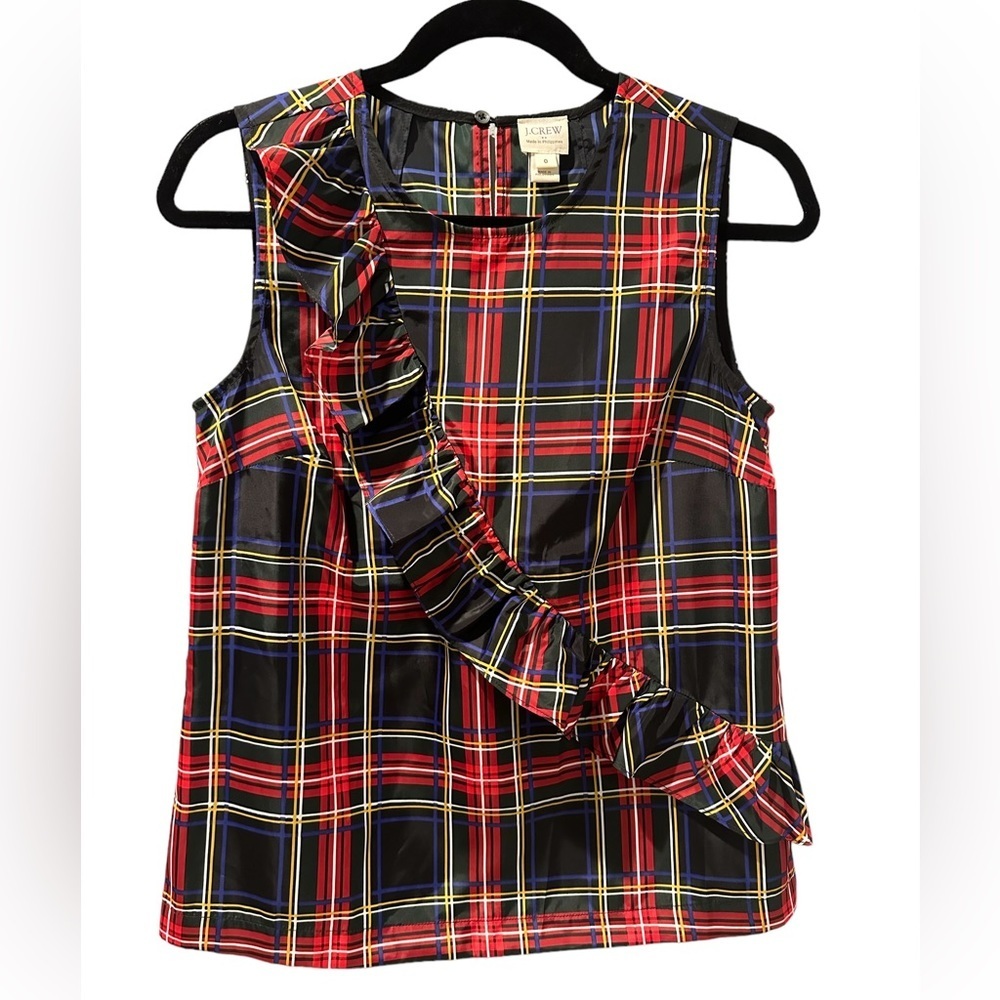 J CREW Stewart Tartan Plaid Asymmetrical Ruffle Sleeveless Blouse Women’s Size 0